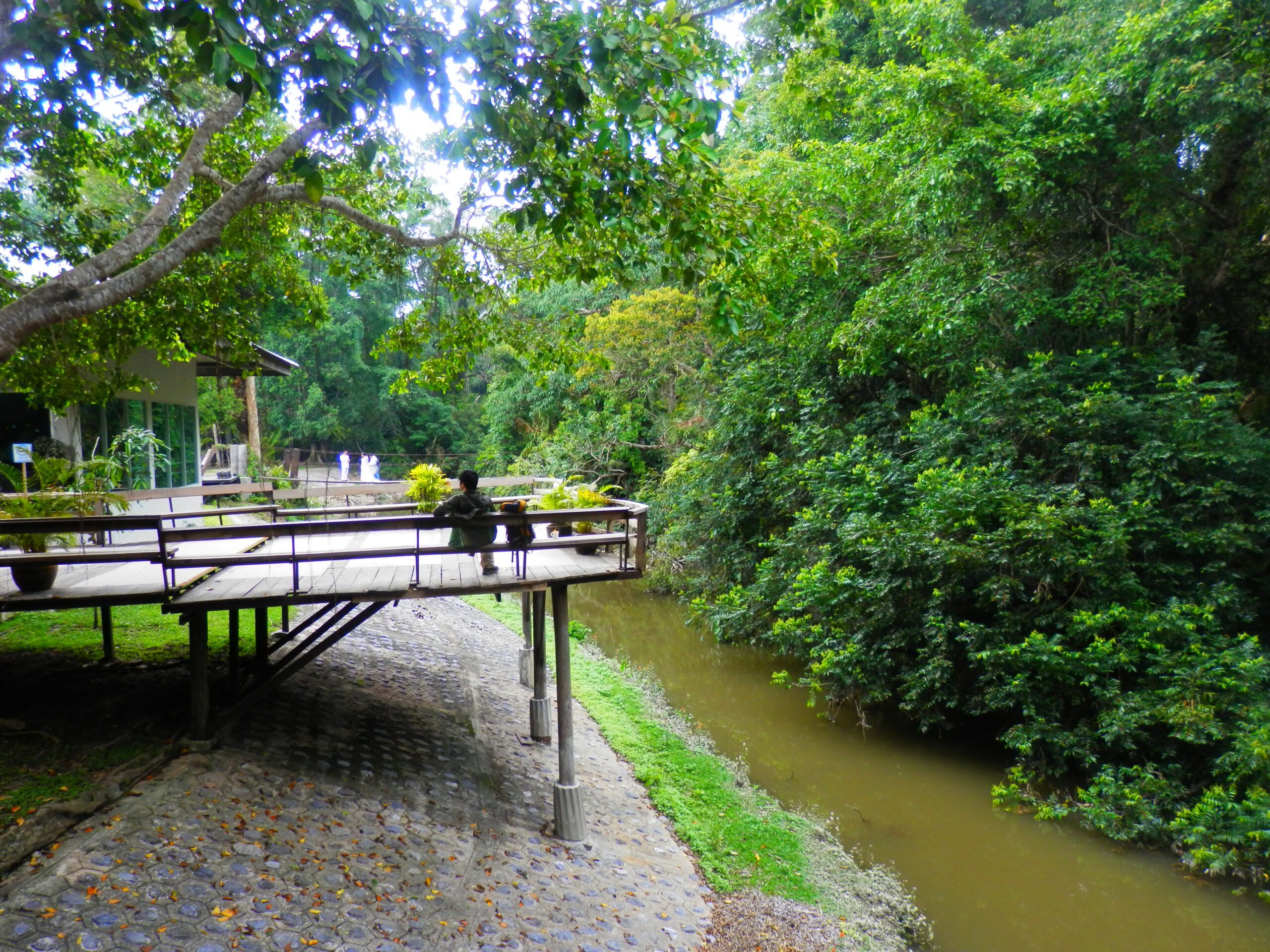 A man sits on a platform above the river in Khao Yai's visitor centre