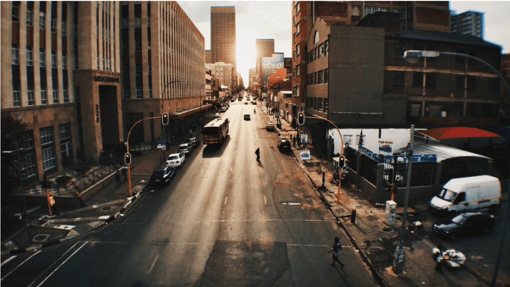 A street in Johannesburg with the sun setting