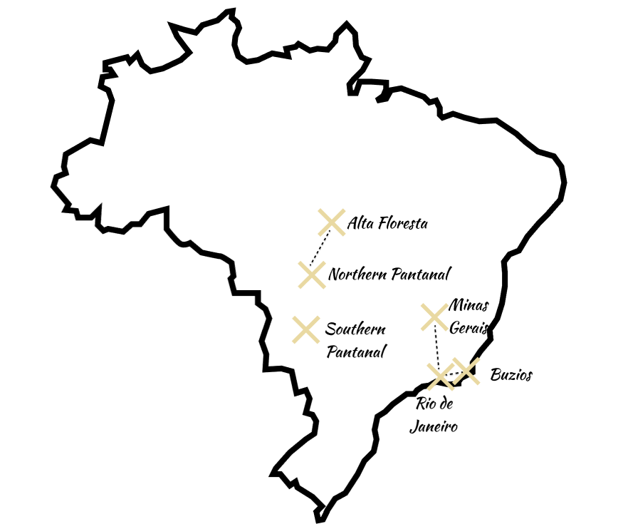 A map of two-week Brazil itinerary locations