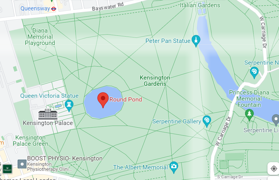 A Google Maps image showing Kensington Gardens with the marker on Round Pond